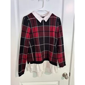 Tahari Plaid Sweater with Collar & Shirttail Hem‎ - Red Black White - M
